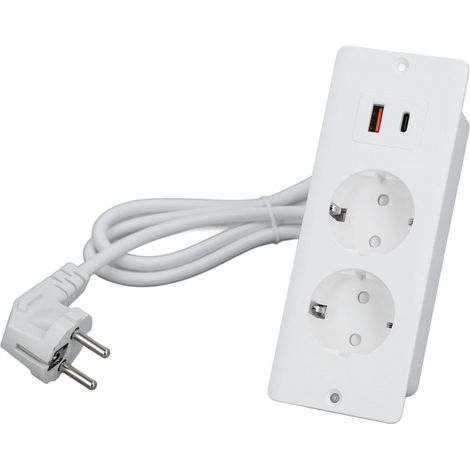 Unterputz-Steckdosenleiste fürs Büro mit zwei USB-Anschlüssen, 1,5 m, weiß.
