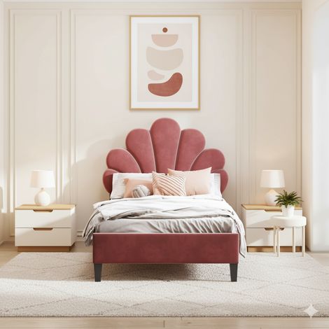 Lit 90x200 cm -lit enfant à lattes - lit capitonné en velours - lit simple 90x200 cm - rose foncé (1/5)