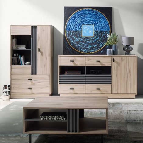 Wohnzimmermöbel-Set mit Sideboard, Vitrine & Couchtisch in Eiche Nb., modern 3-teilig ANTIGUA-133 (1/5)