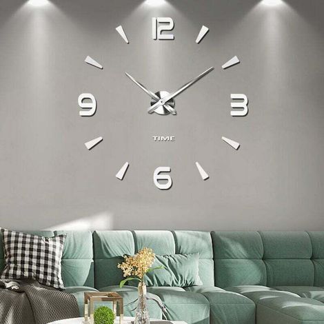 XXL Frameless DIY 3D Wall Clock, Self-Adhesive Silent Mirror, Home/Office Decoration (2-Year Warranty) (Silver-73)