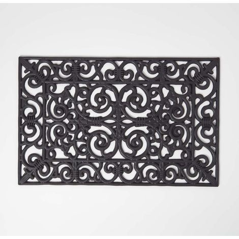 HOMESCAPES Black Wrought Iron Effect Parisian Rubber Doormat 70 x 40 cm