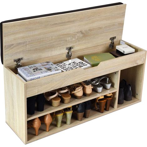 COSTWAY Panca Scarpiera, 103,5 x 48 x 30 cm, Panca Porta Scarpe con tappeto morbido rimovibile e L’unità Contenitore, spazio per 9 paia di scarpe, Colore Naturale Legno (1/5)