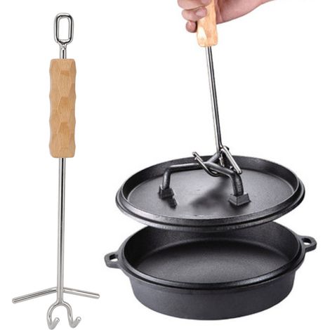 Levier de Couvercle pour Dutch Oven avec Crochet Double Acier Inoxydable Long 36cm pour Cuisson Camping et BBQ (1 Pièce) (1/5)