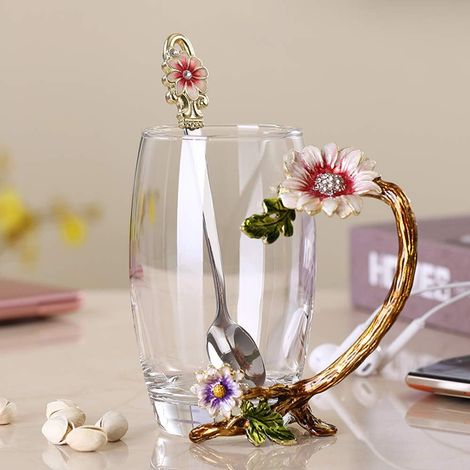 Tasses thé verre émaillé cristal sans plomb + cuillère, cadeau Noël/Saint-Valentin mère/grand-mère.