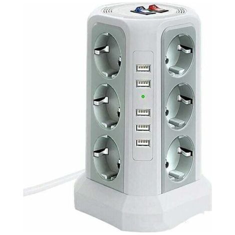 Tour multiprise parafoudre et surtension, Multiprise Electrique avec 5 Ports USB et 12 Prises, multiprise avec et 3 Interrupteurs, Blanc (1/4)