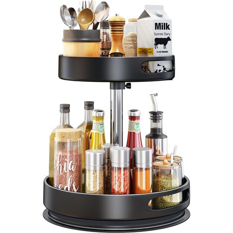 Organisateur à épices à 2 niveaux - Étagère à épices réglable en hauteur pour placard, plateau tournant pour rangement de cuisine, garde-manger ou table (1/5)
