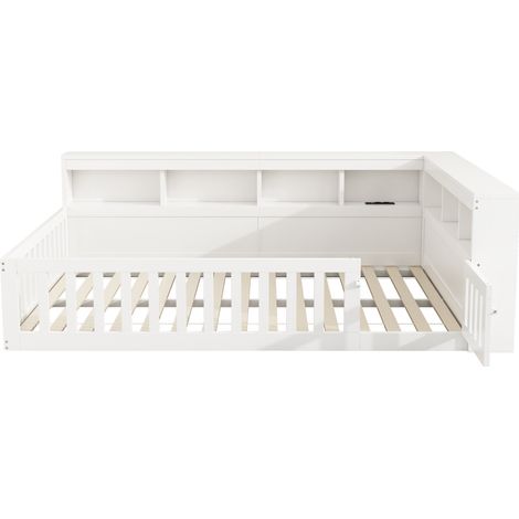 Cama tipo banqueta 140 x 200 cm con almacenaje, enchufes y USB, blanco (1/5)