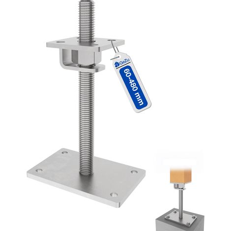Pied de poteau carré réglable en flocon de zinc 100 x 100 mm – hauteur ajustable 60 à 480 mm avec platine bois pour clôtures – GeZu Impex