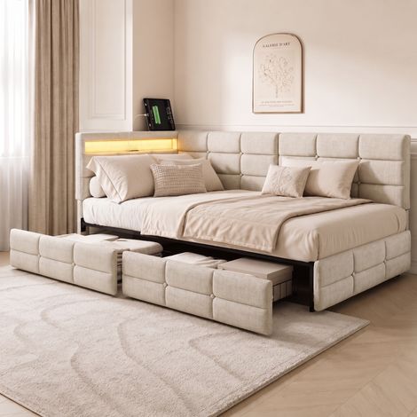 Lit simple 90x200 cm avec LED et prises USB, Cadre de lit L avec 2 tiroirs et étagère de rangement, Tête de lit réversible, Tissu en lin, Beige (1/5)