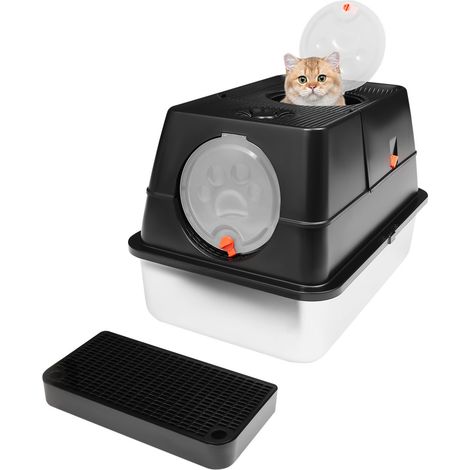Bandeja sanitaria para gatos con tapa, bandeja sanitaria para gatos de acero inoxidable con tapa, bandeja sanitaria para gatos cerrada con doble alfombrilla, pala y filtro incluidos, dim. 60 x 40 x 39 (1/5)