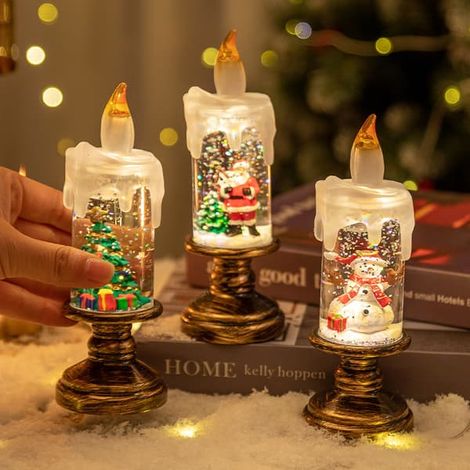 Bougie parfumée de Noël sans flamme en 3 parties, bougie sans flamme vacillante avec minuterie, lumière LED, fonctionne sur piles, bougie boule de neige pour la décoration de Noël. (1/5)