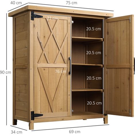 Armoire à outils de jardin en bois, 2 portes, 4 étagères, plateau en métal, 75 x 40 x 90 cm (1/5)