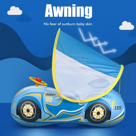 Flotteur de piscine pour bébé en forme de voiture avec canopée, siège de sécurité, volant et klaxon pour l'été et la plage (1/5)