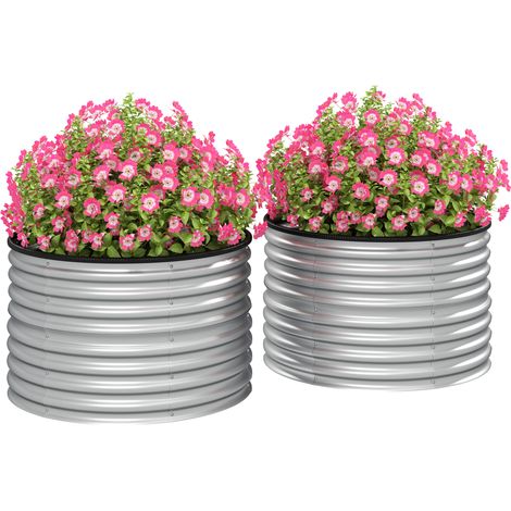 Lot 2 jardinières rondes acier galvanisé 90x90x56 cm fond ouvert jardin extérieur argent robuste durable (1/5)