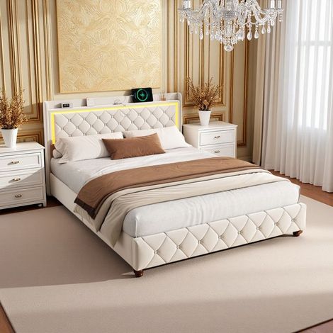 Bett für 2 Personen 140x190 cm, Veloursbezug in Beige, LED RGB und EU USB/Type-C Anschlüsse, multidimensionaler Stauraum, modernes Luxusdesign