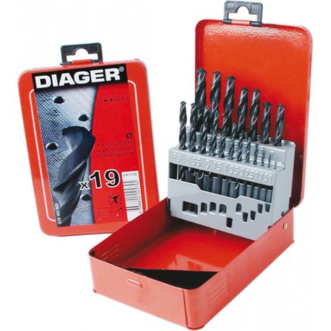 Coffret 19 forets métaux - DIAGER - HSS standard angle 118° Diam.1 à 10 mm par 0,5 mm (1/3)