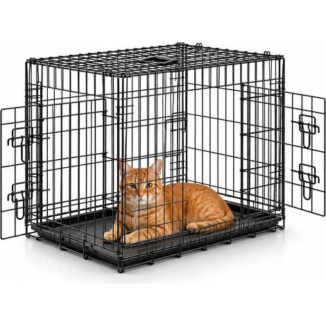 lionto Transportkäfig für Katzen aus Metall, stabil & klappbar mit Trennwand & Kunststoffbodenwanne, 92x58x64 cm (1/5)