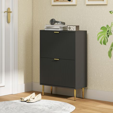 Scarpiera per 12 paia con 2 cassetti a ribalta, ante scanalate e ripiani regolabili, 60x24x91,5 cm, nera.