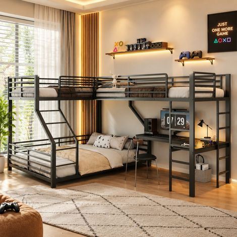 Lit Superposé Triple Métal 90x200 & 140x200 cm - Bureau, Prises USB/Type-C, Certifié EN747 - Noir (1/5)