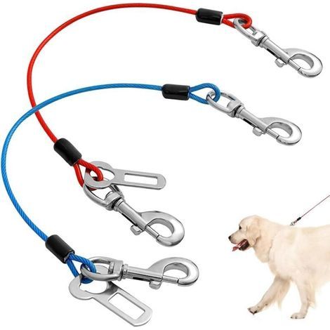 2 Pièces Câble d'attache pour Chiens, 40 cm Longe Attache Chien Voiture, Laisse Chien Acier avec Crochet Pivotant pour Chiots, Petits et Moyens Chiens (Rouge, Bleu) (1/4)