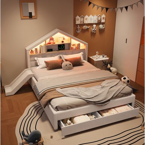 Cama cabaña infantil 140x200 cm de terciopelo beige, tobogán y almacenaje – MEUBLIV (1/5)