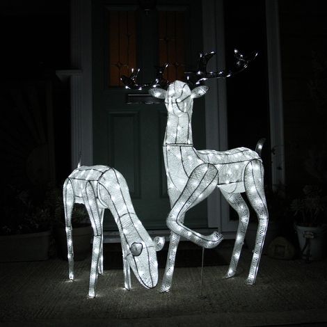 MonsterShop - Renne di Natale Luminose Decorazione da Esterno per la Casa Luci LED Bianco Ghiaccio Figure Luminosa Luci di Natale - Maschio & Femmina - Bianco