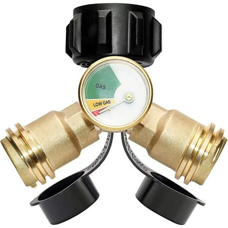 Separateur de propane, adaptateur de séparateur de réservoir de propane Y avec gauge, connecteur de tee d'adaptateur de gaz LP 2 voies pour cylindre de réservoir de propane de 20 livres