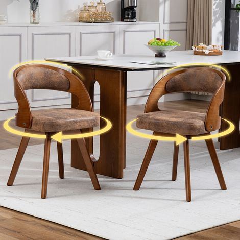 Set 2 sedie da pranzo girevoli a 360°, stile scandinavo, poltroncine in legno con cuscino in cotone-lino e schienale curvo, per cucina, caffetteria e soggiorno - Marrone