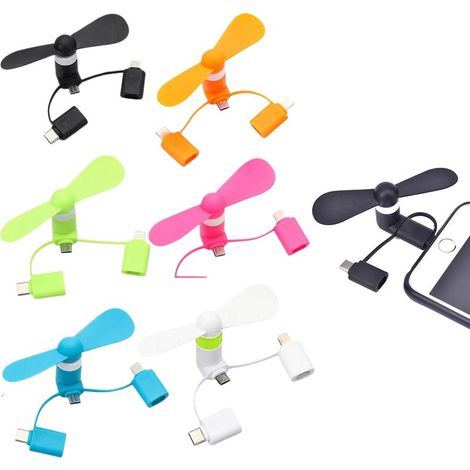 3-in-1 Mini-Ventilator, 6 kleine Ventilatoren, geräuscharme 3-in-1 Mini-Ventilatoren für iPhone/Android/Type-C-Handys, 6 Farben (Schwarz+Weiß+Rosa+Blau+Orange+Grün) (1/5)