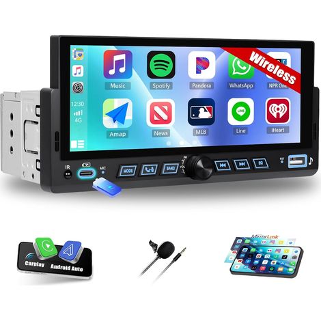 Autoradio 1 Din, Carplay Voiture Android Auto sans Fil, Poste Radio Bluetooth avec Écran Tactile LCD 6.86 Pouces Écran HD avec Lien Miroir Contrôle Au Volant + Connecteurs USB Type-C (1/5)
