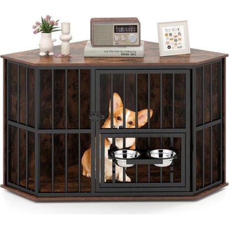 Gabbia angolare per cani, 114x60x68 cm, con mangiatoia regolabile. (1/5)