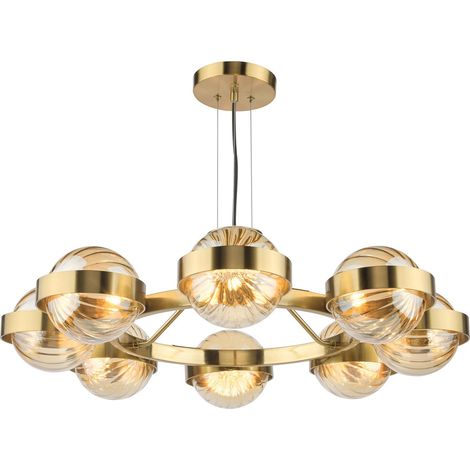 Dar Ophira Suspension Ophira à 8 lumières, verre côtelé or antique et ambré (1/5)