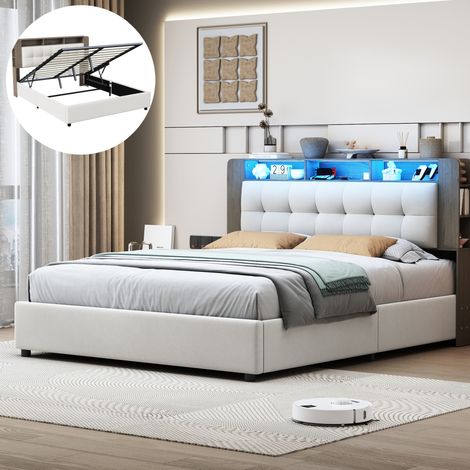 lit 160 x 200 avec rangement, lit double 160x200cm avec LED, lit coffre, charge sans fil, Sommier à Lattes, Blanc cassé, velours (1/5)