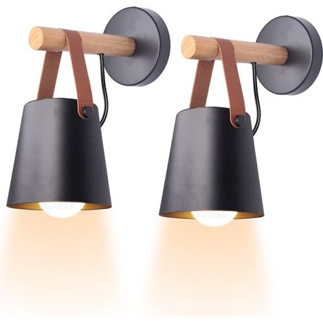 Set mit 2 Vintage-Wandleuchten für den Innenbereich, moderne E27-Wandlampen, Metalllampenschirme mit Holzhalterungen, Pendelleuchten für Schlafzimmer, Wohnzimmer, Flur (Schwarz)