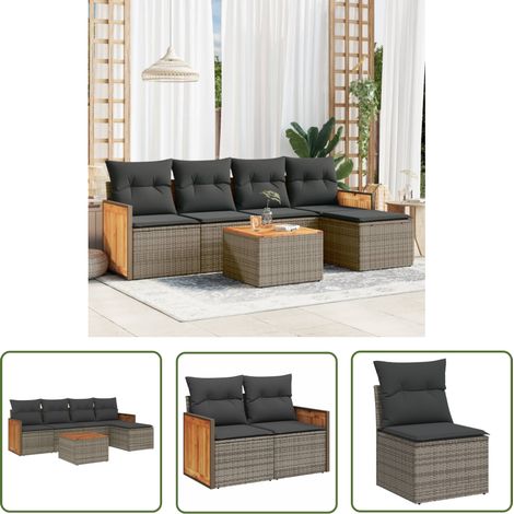 The Living Store 6-tlg. Garten-Sofagarnitur mit Kissen Grau Poly Rattan - Gartenmöbel Set - Rattan Möbel - Outdoor Lounge - Esstisch - Sofas (1/5)