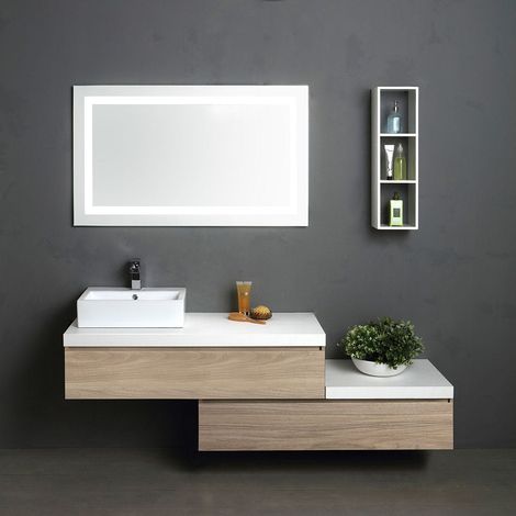 Kiamami Valentina – Meuble de salle de bain suspendu 180cm chêne naturel – Lavabo céramique rectangulaire – Miroir LED 120x70 – Tiroirs à fermeture douce (1/5)