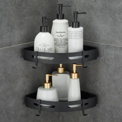 Set di 2 staffe angolari in metallo per doccia, non richiedono forature, con 2 ganci per il bagno, staffa antiruggine (nera) (1/4)