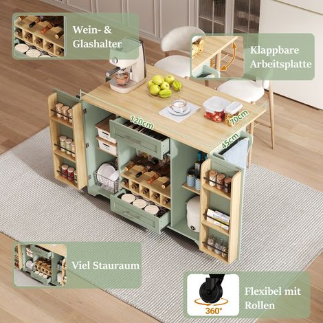 Chariot de cuisine avec plan de travail rabattable, îlot roulant avec porte-bouteilles, porte-verres, étagère à épices et porte-serviette, 120x45/70x92cm, vert – Table roulante multifonctionnelle avec (1/5)