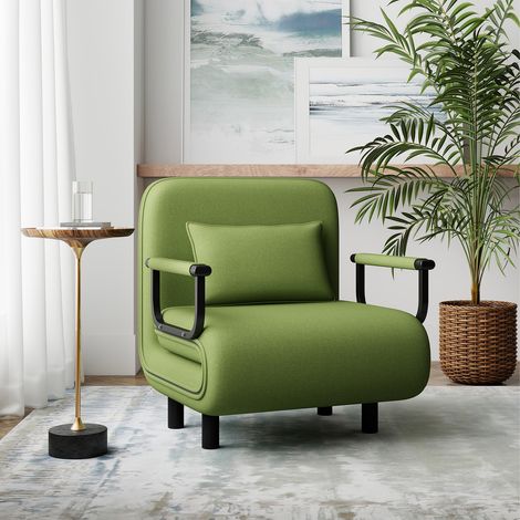 Fabulcozy Divano letto trasformabile 4 in 1, poltrona/letto in tessuto di lino con cuscino e braccioli in metallo, verde, 60L x 68W x 85H cm