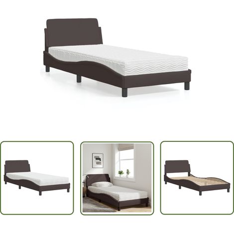 The Living Store Lit avec matelas marron foncé 90x200 cm tissu - Lit Double - Lit Plateforme - Lit Design - Literie - Sommier Tapissier (1/5)