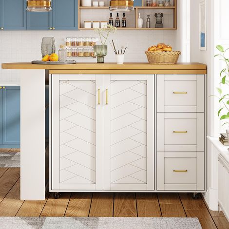 Chariot de bar extensible avec 2 portes et 3 tiroirs, roulant, comptoir extérieur en bois, blanc (1/5)