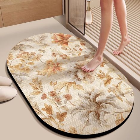 Tapis de sol en terre de diatomée luxueux – Forme ovale irrégulière, ultra-absorbant, antidérapant et résistant à la saleté & l’usure – Tapis de salle de bain 3D design vibrant (60 x 90 cm)-lsw