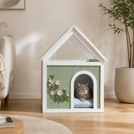 Cuccia interna per gatto e cane piccolo 63,5x47,5x78 cm, legno FSC, tetto acrilico - CHICFURN (1/5)