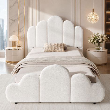 Cama infantil 90 x 200 cm con somier, cabecero acolchado y bouclé beige DESVIAE (1/5)
