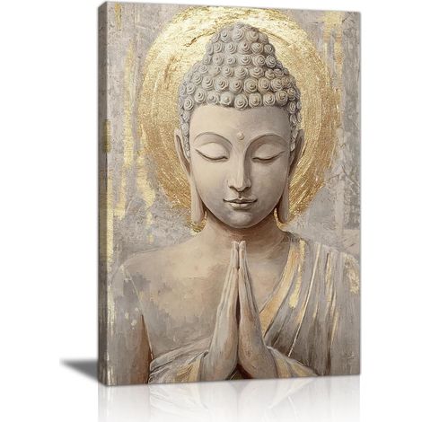 Statue de Bouddha en or Tableau Décoration Murale Salon, Méditation Spirituelle Bouddhiste Poster Mural Impression Sur Toile Bouddha Religieux Beige Affiche Mural Décor pour Chambre Maison 30x40cm (1/5)