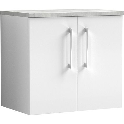 Nuie Arno Wall Hung 2-Door Vanity Unit with Bellato Grey Worktop 600mm Wide - Gloss White (1/5)