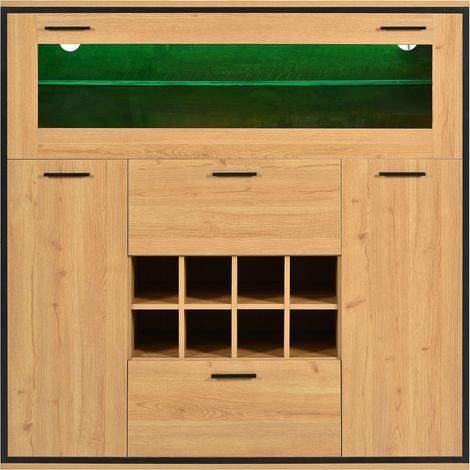 Aparador botellero con puertas dobles, estantes de cristal y LED, 110 x 38 x 111 cm MODENUIT (1/5)