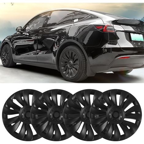 (T04) (Vidéo disponible) 4 enjoliveurs de roue de voiture, style 14 rayons, pour jantes 19 pouces Tesla Model Y 2020-2023 (nouveaux 14 rayons, sans marquage), noir mat (surdimensionnés) (surpoids) (1/5)