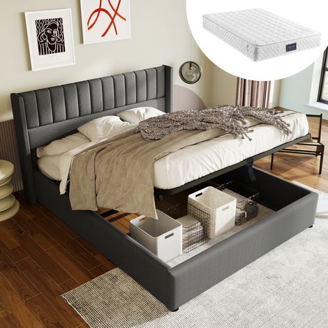 Letto contenitore imbottito idraulico 160 x 200 cm in lino grigio con struttura in legno e metallo (1/5)