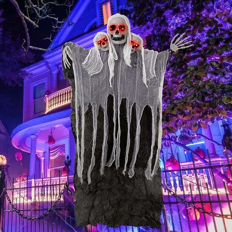 Décoration Halloween - Suspension Crâne à Trois Têtes avec Détection de Voix - Éclairage LED Multicolore - Pour Intérieur et Extérieur - Lot de 1 (1/5)